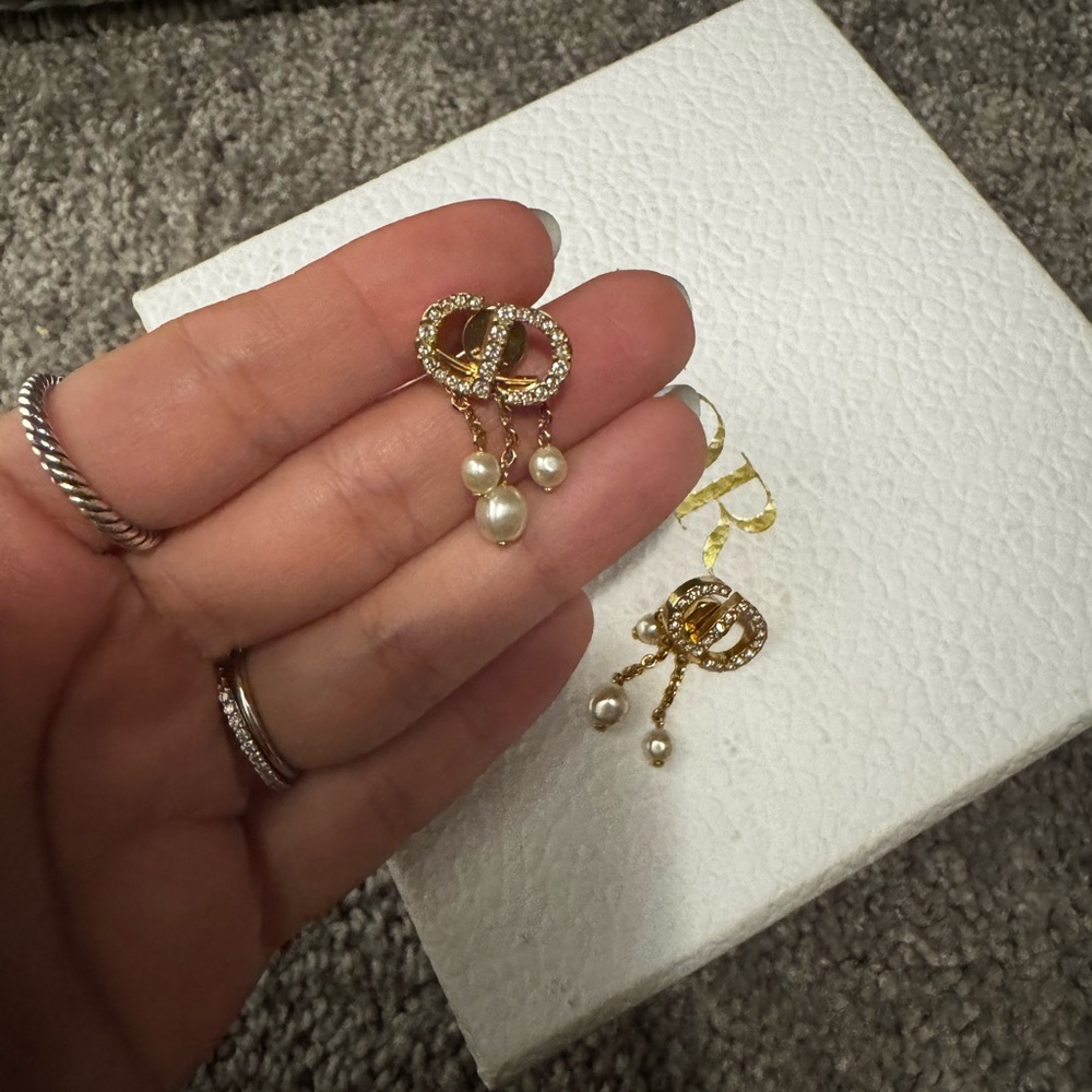 Dior Gold and White Earrings with Intricate Detailing